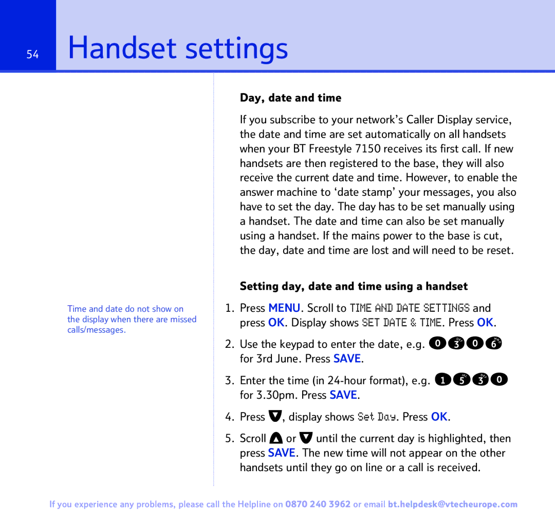 BT FREESTYLE 7150 manual Handset settings, Day, date and time 