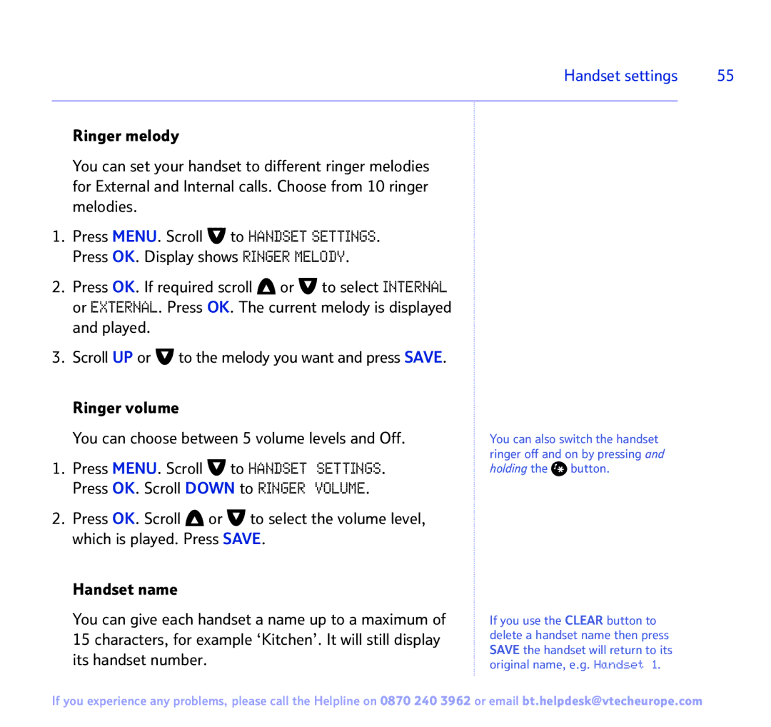 BT FREESTYLE 7150 manual Ringer volume You can choose between 5 volume levels and Off 