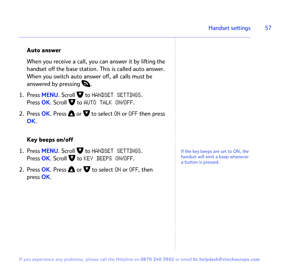 BT FREESTYLE 7150 manual Auto answer, Key beeps on/off, Press OK. Press or to select on or OFF, then press OK 