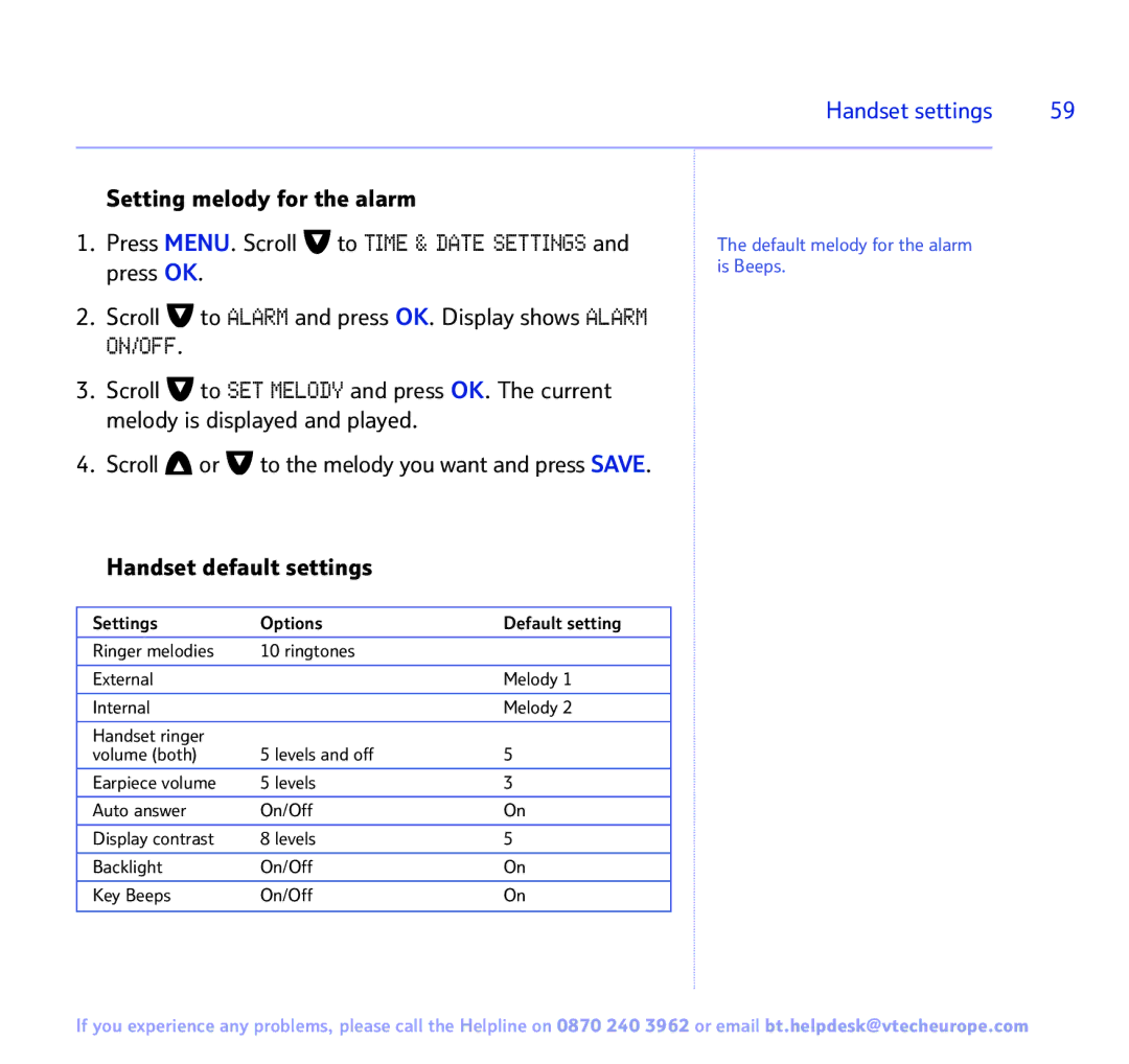 BT FREESTYLE 7150 manual Handset default settings 