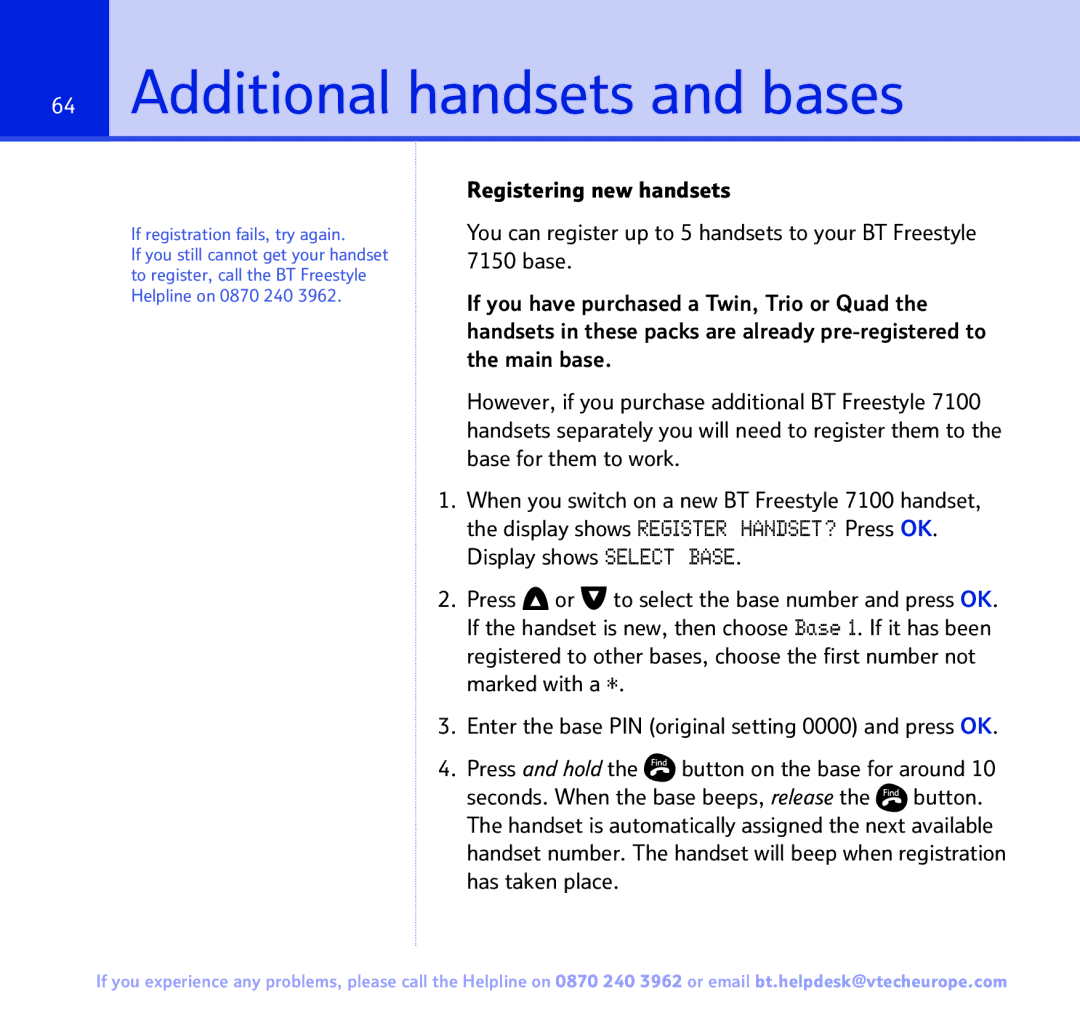 BT FREESTYLE 7150 manual Additional handsets and bases, If registration fails, try again 