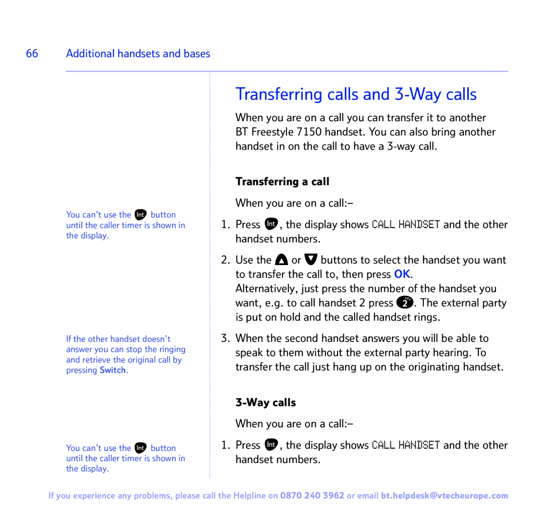 BT FREESTYLE 7150 manual Transferring calls and 3-Way calls, Additional handsets and bases 