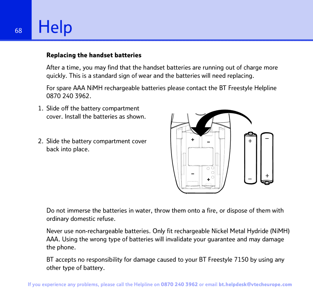 BT FREESTYLE 7150 manual Help, Replacing the handset batteries 