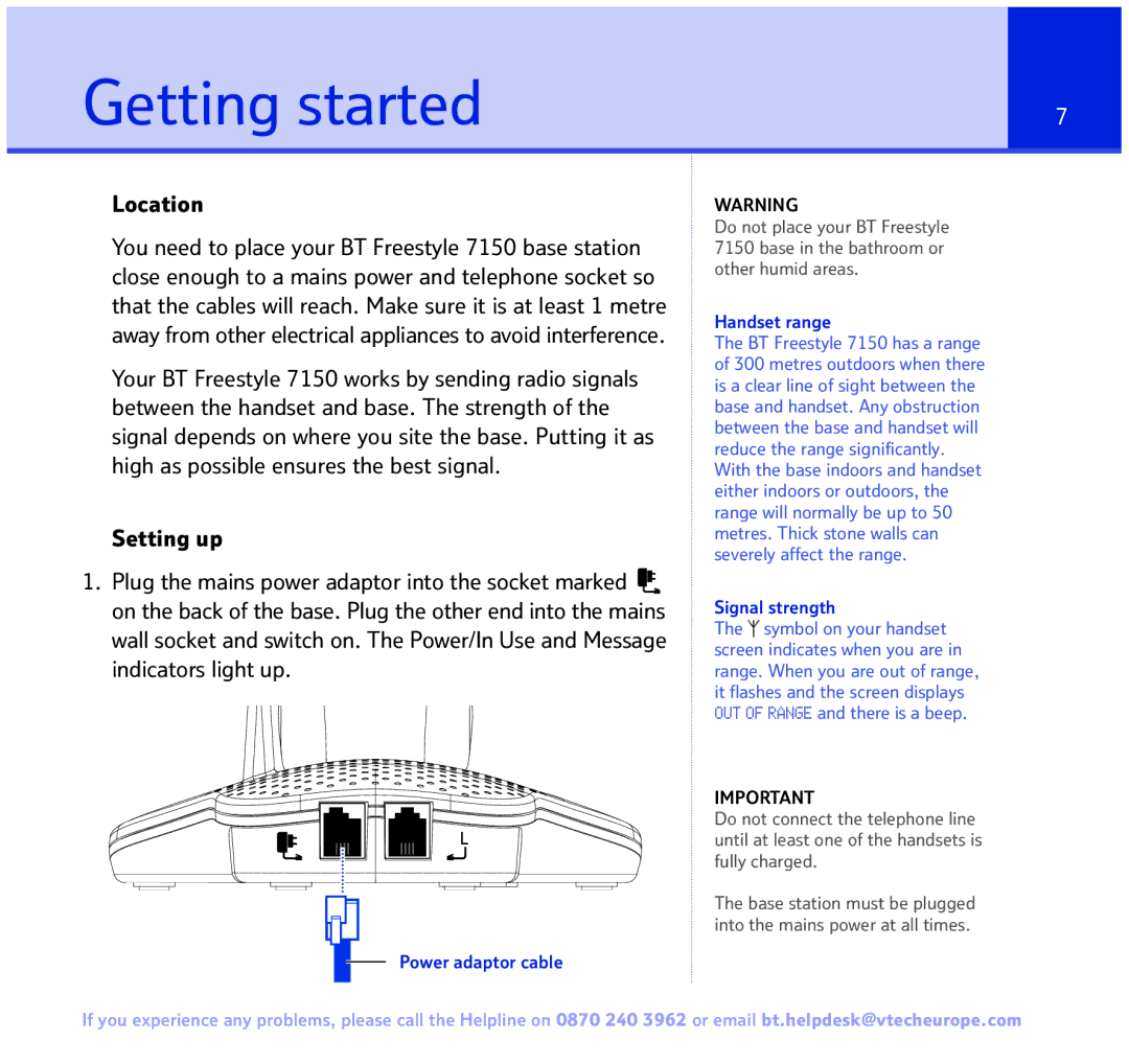 BT FREESTYLE 7150 manual Getting started, Location, Power adaptor cable, Handset range, Signal strength 