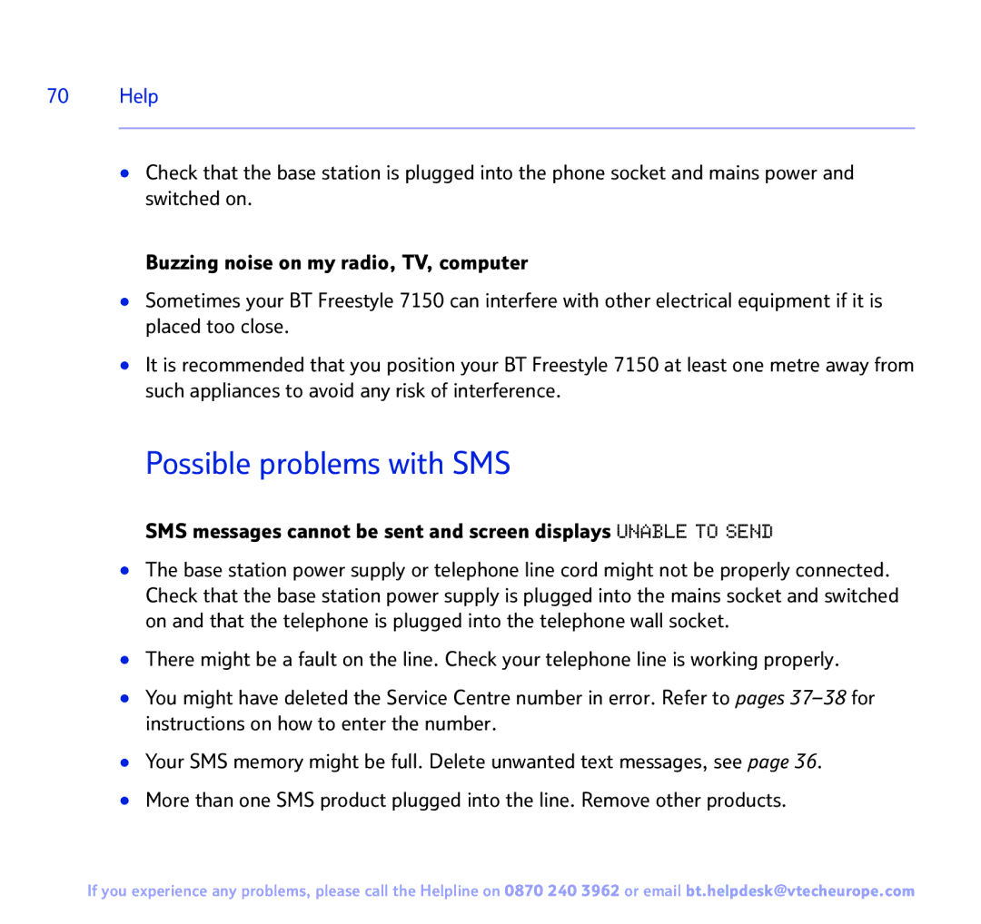 BT FREESTYLE 7150 manual Possible problems with SMS 