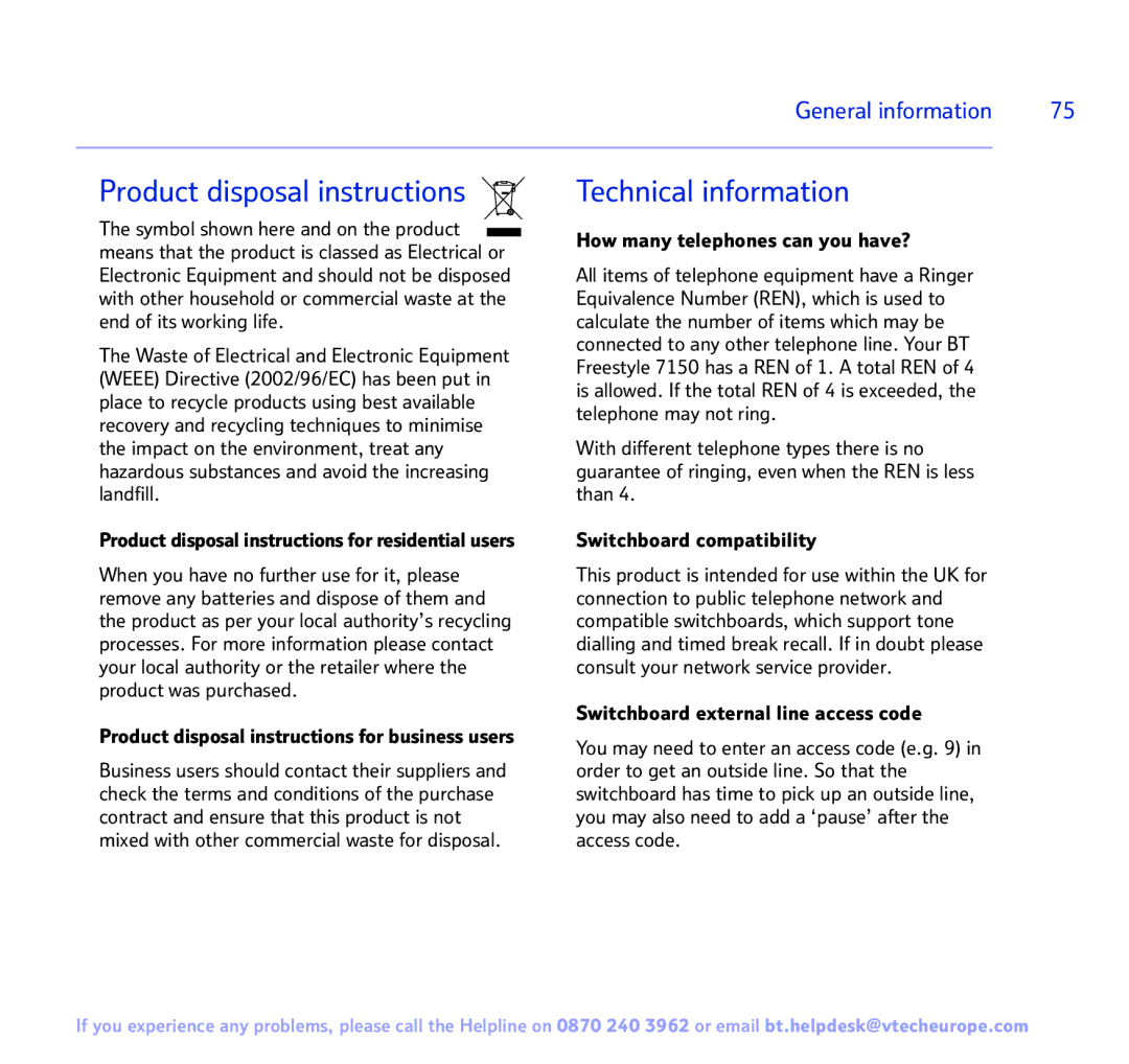 BT FREESTYLE 7150 manual Product disposal instructions 