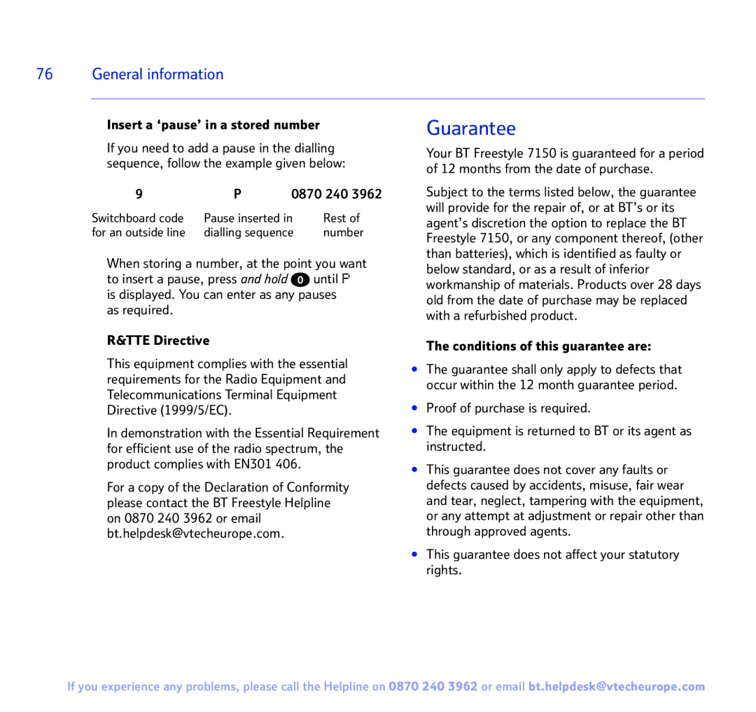 BT FREESTYLE 7150 manual Guarantee 