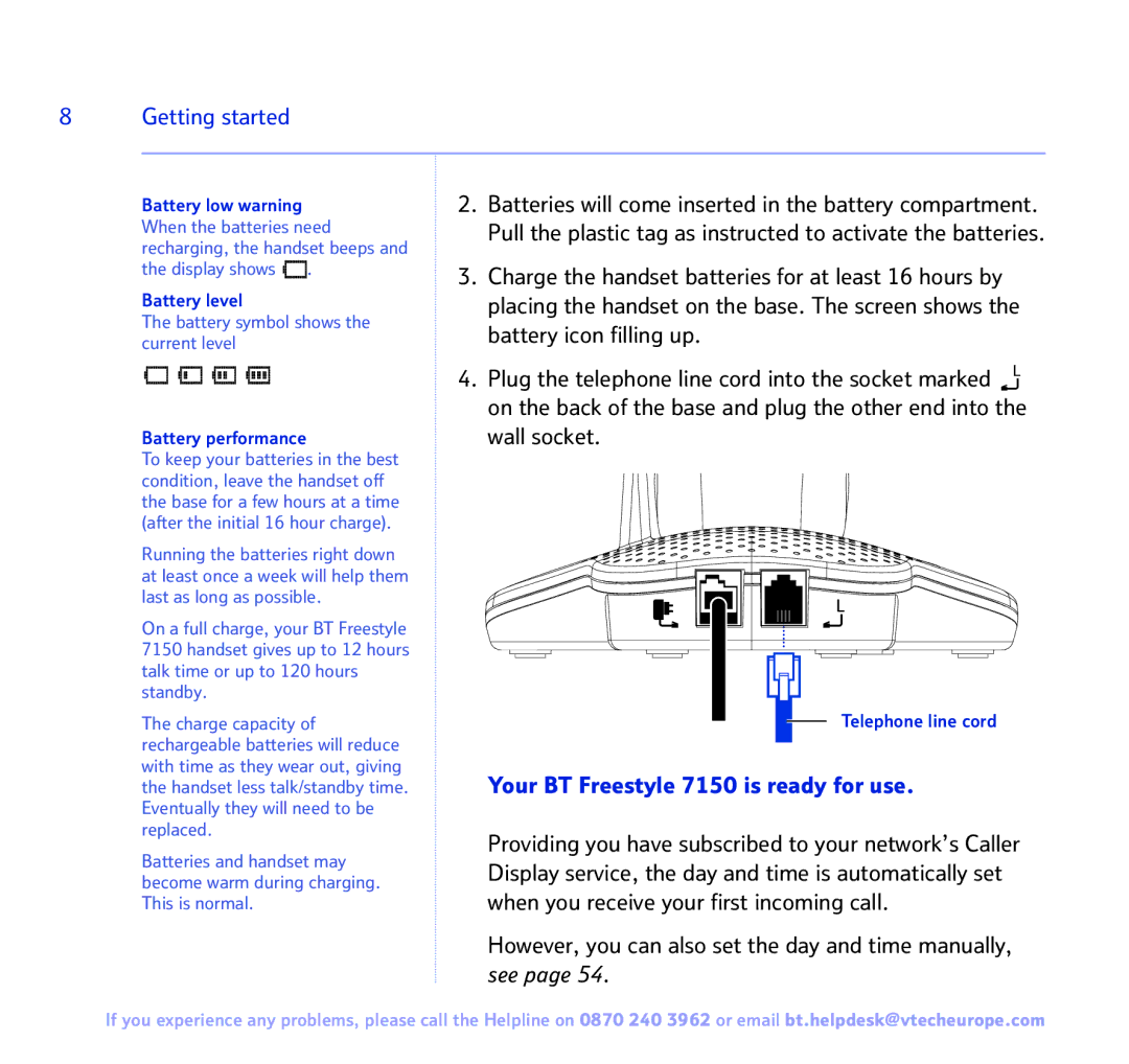 BT FREESTYLE 7150 However, you can also set the day and time manually, Battery level, Battery performance 