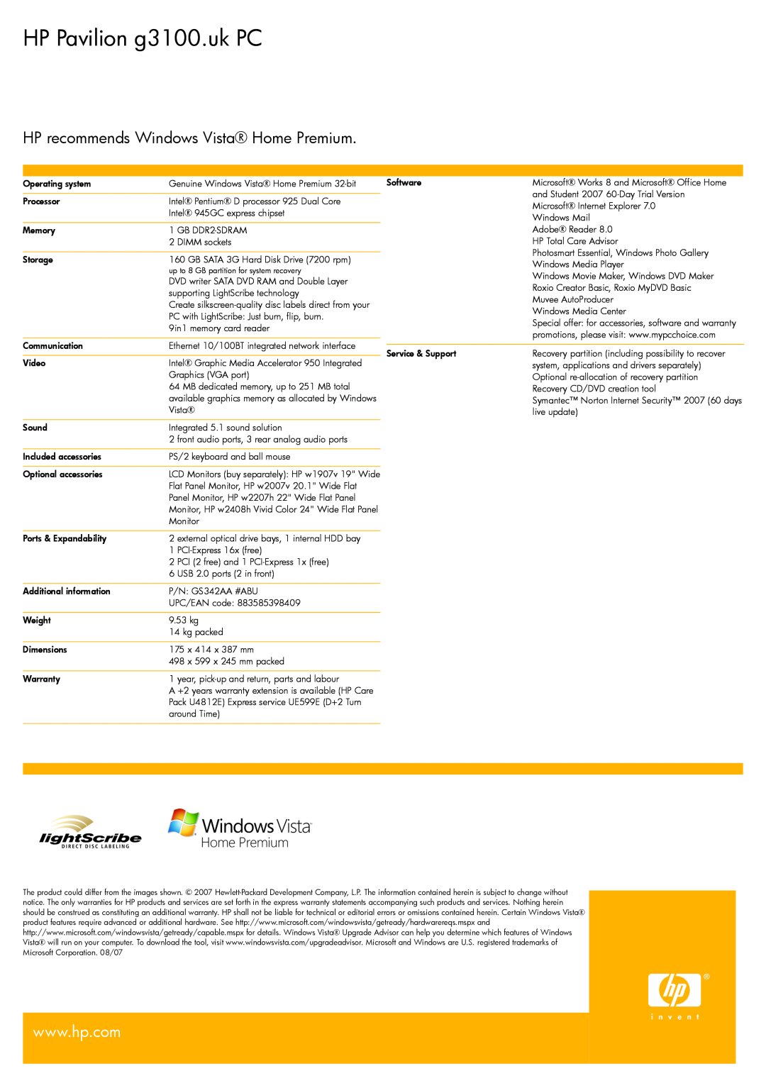 BT manual HP Pavilion g3100.uk PC, HP recommends Windows Vista Home Premium, Operating system 