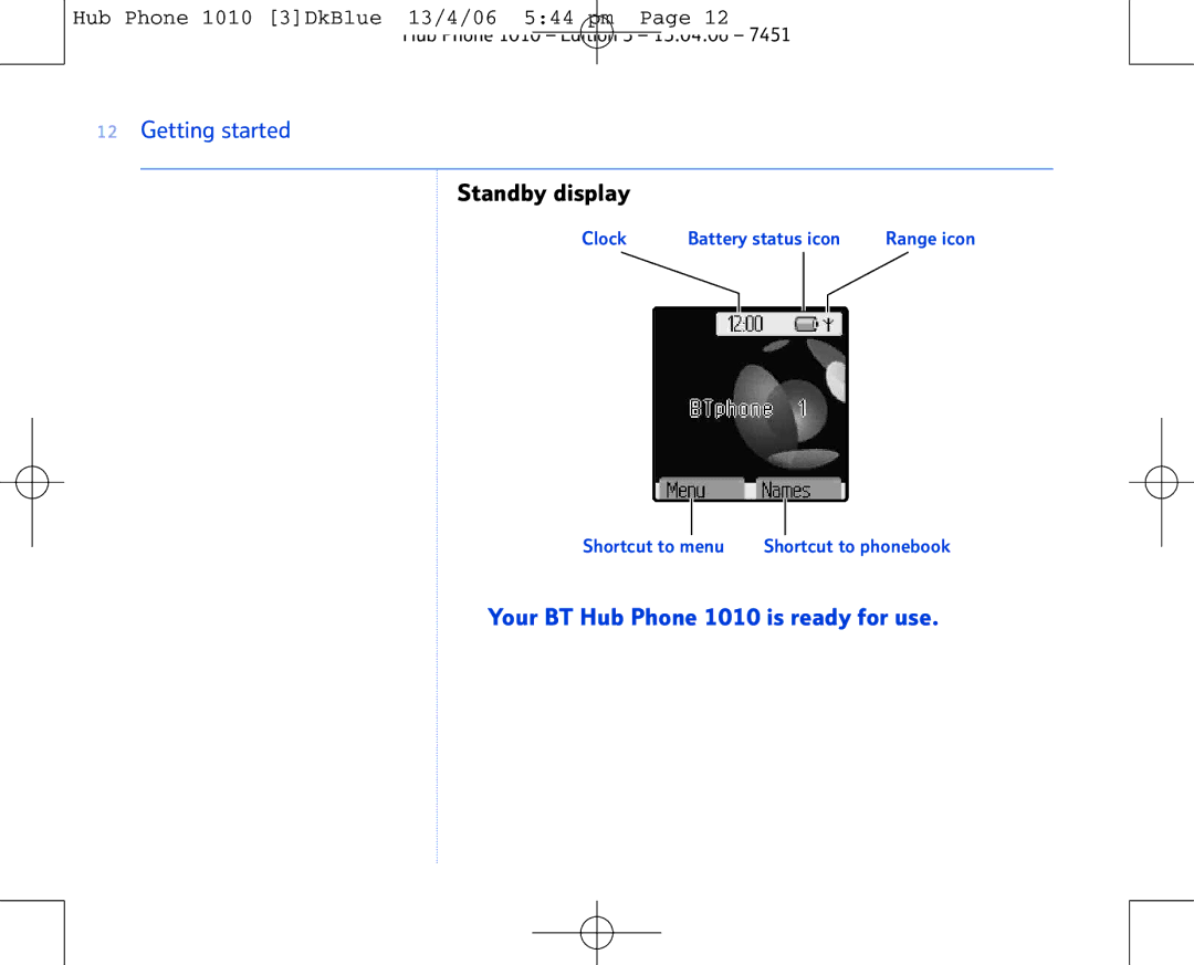 BT manual Standby display, Your BT Hub Phone 1010 is ready for use 