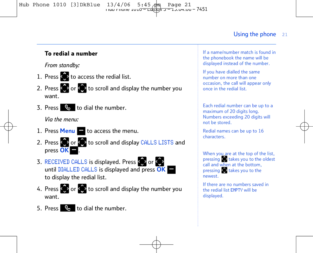 BT Hub Phone 1010 manual To redial a number 