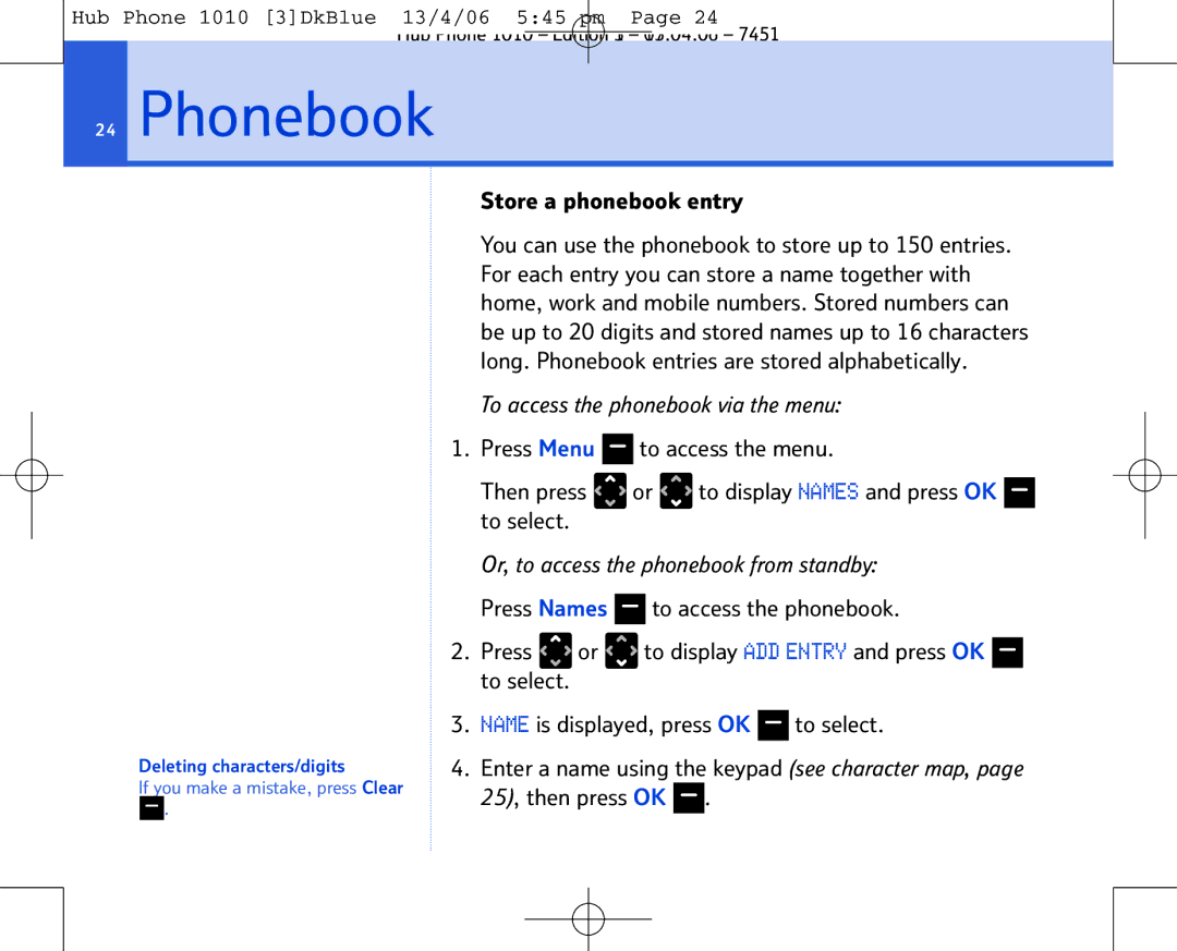 BT Hub Phone 1010 manual Phonebook, Store a phonebook entry 