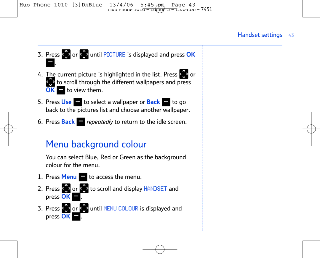 BT Hub Phone 1010 manual Menu background colour 