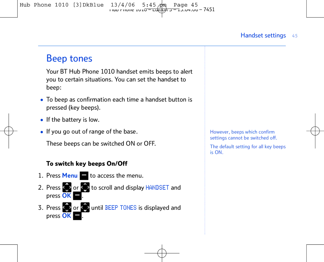 BT Hub Phone 1010 manual Beep tones 