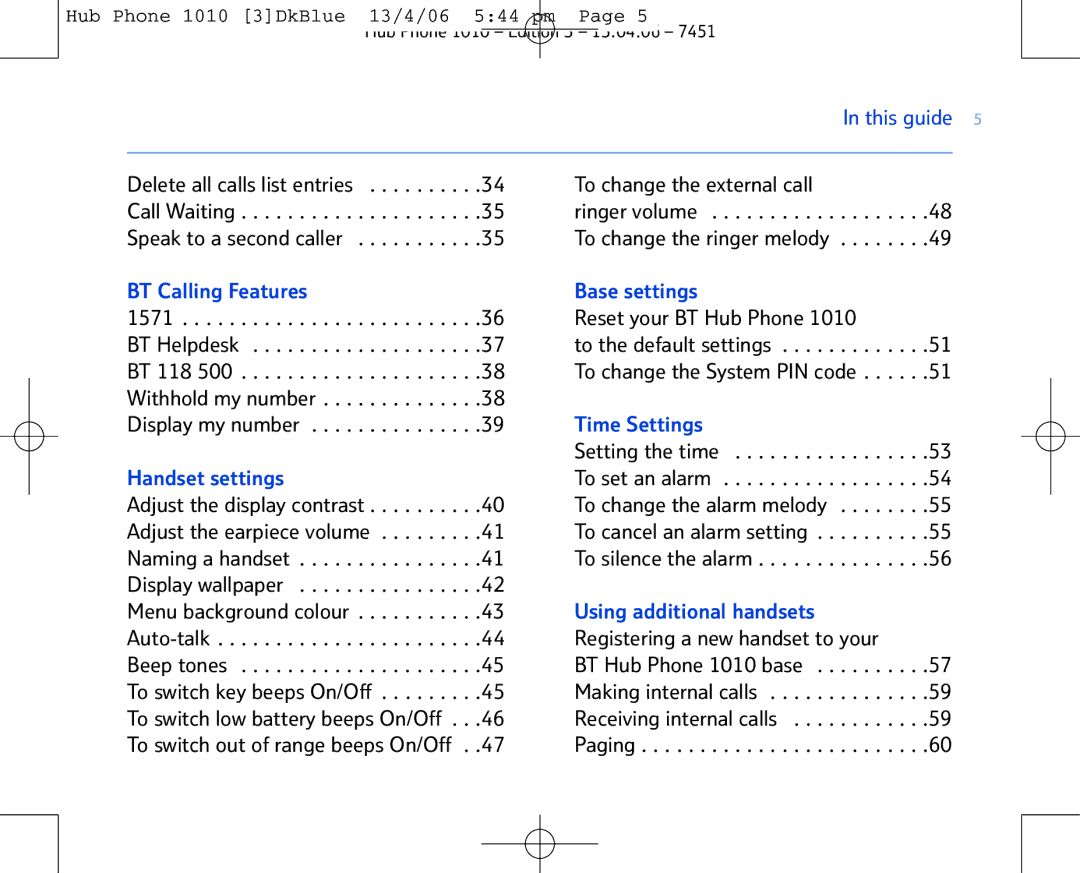 BT Hub Phone 1010 manual This guide, BT Calling Features Base settings, Time Settings, Handset settings 