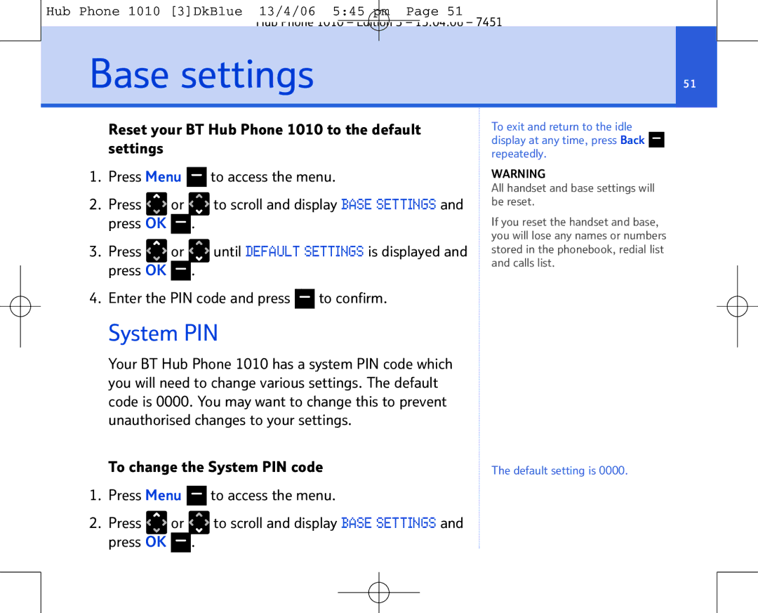 BT Hub Phone 1010 manual Base settings, System PIN 