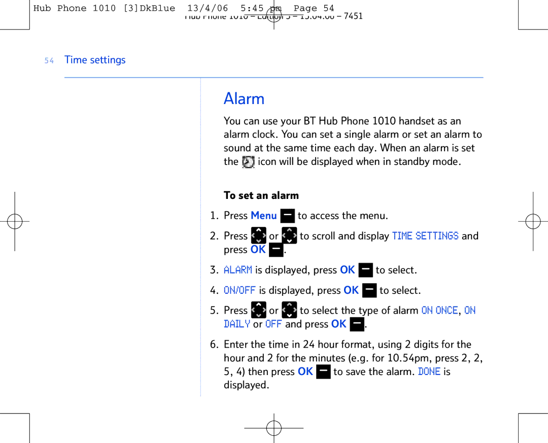 BT Hub Phone 1010 manual Alarm, Time settings 