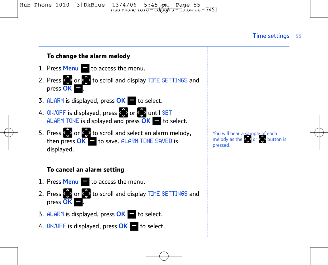 BT Hub Phone 1010 manual Press To scroll and select an alarm melody, Then press OK, Displayed 