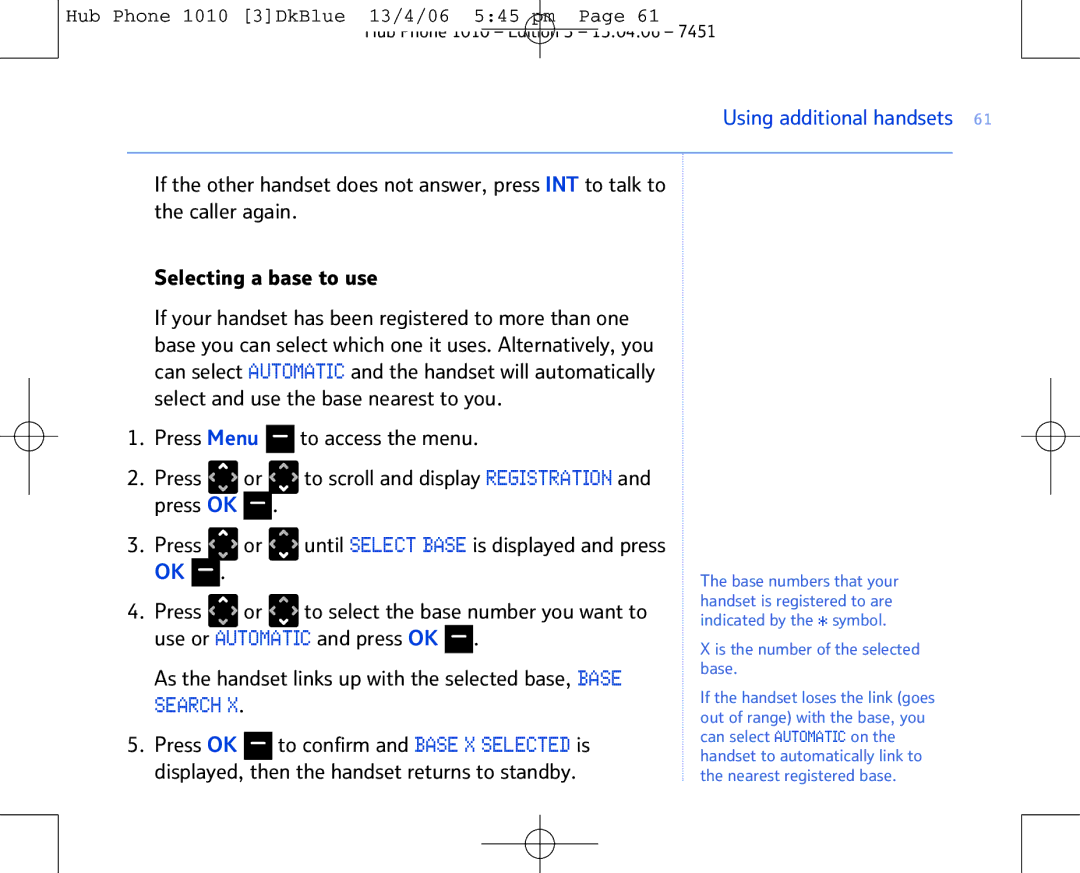 BT Hub Phone 1010 manual Press or until Select Base is displayed and press 