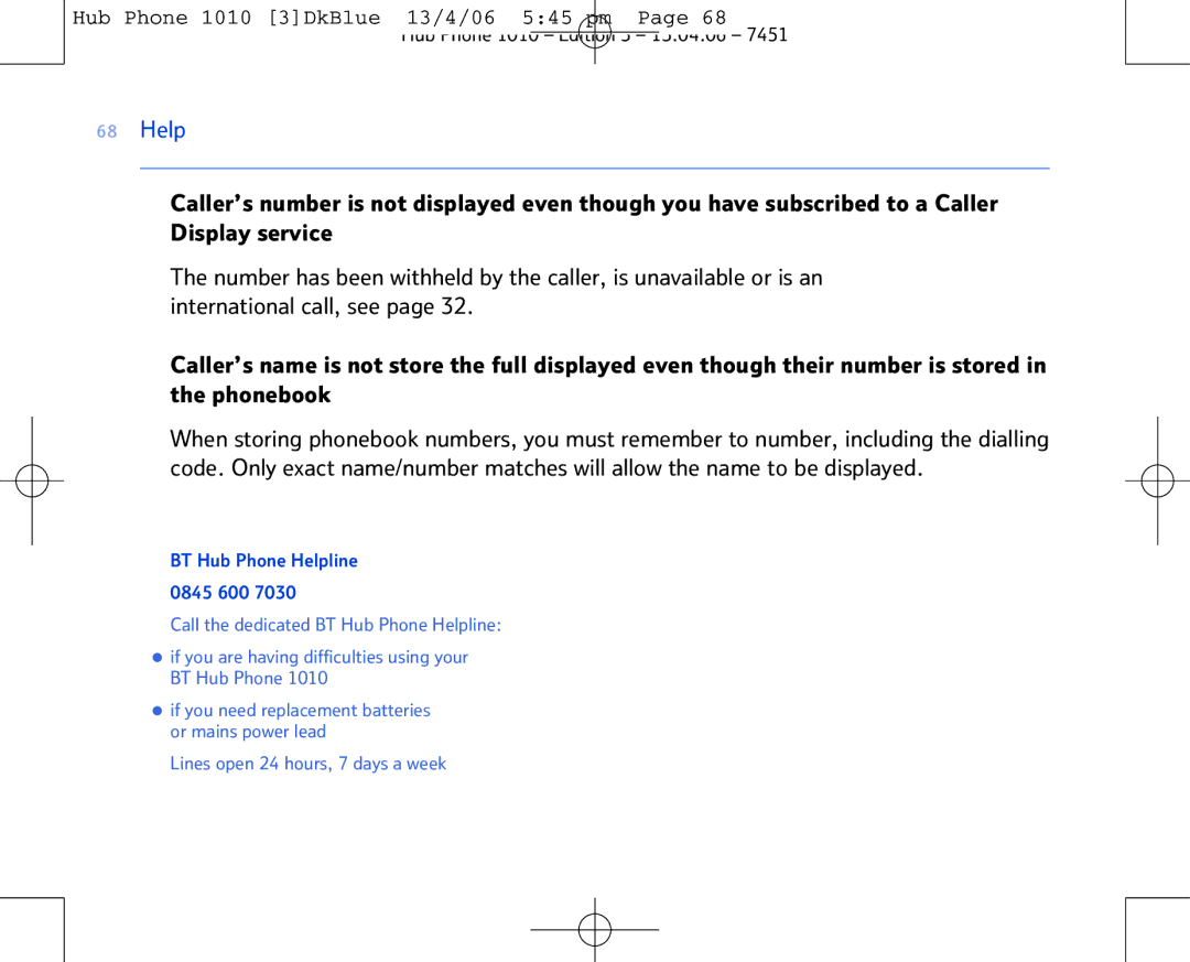 BT Hub Phone 1010 manual BT Hub Phone Helpline 0845 600 