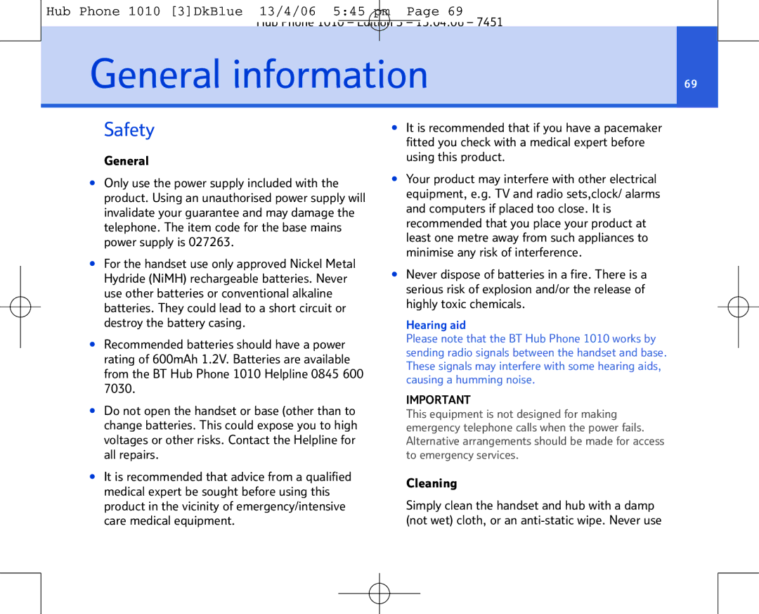 BT Hub Phone 1010 manual General information, Safety 