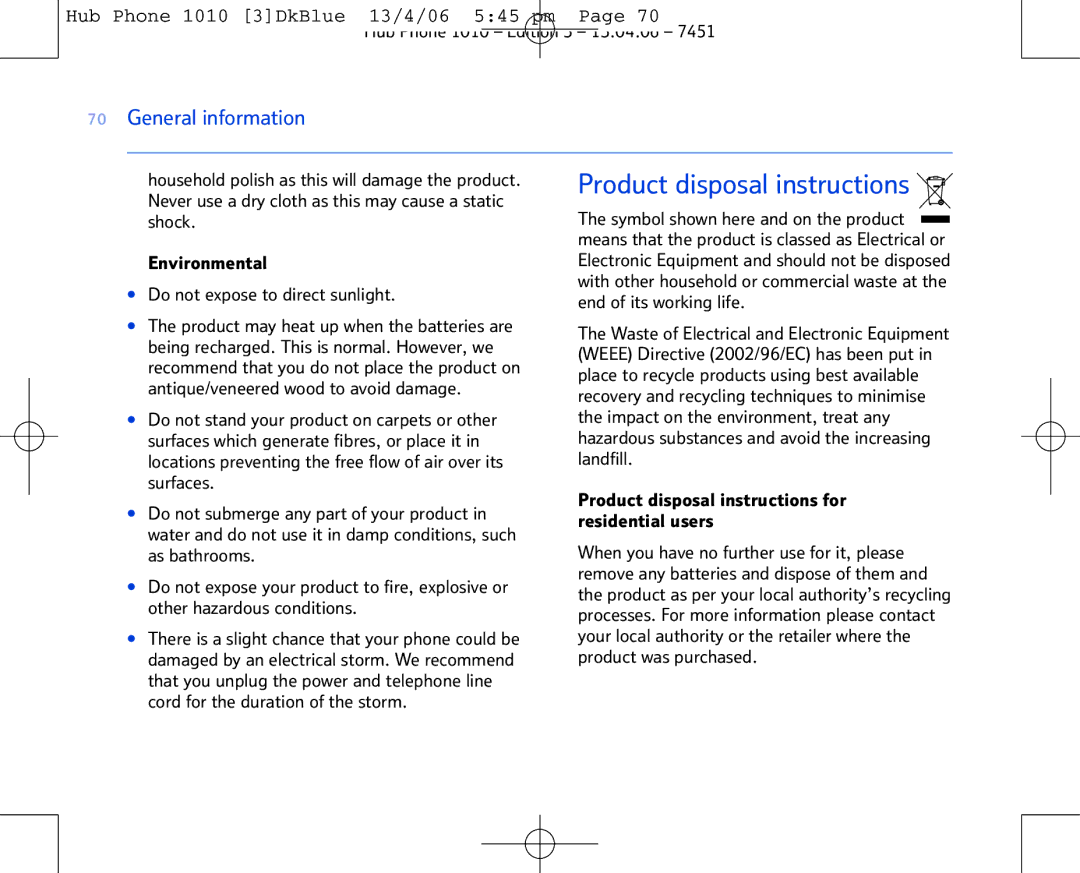 BT Hub Phone 1010 manual Product disposal instructions 