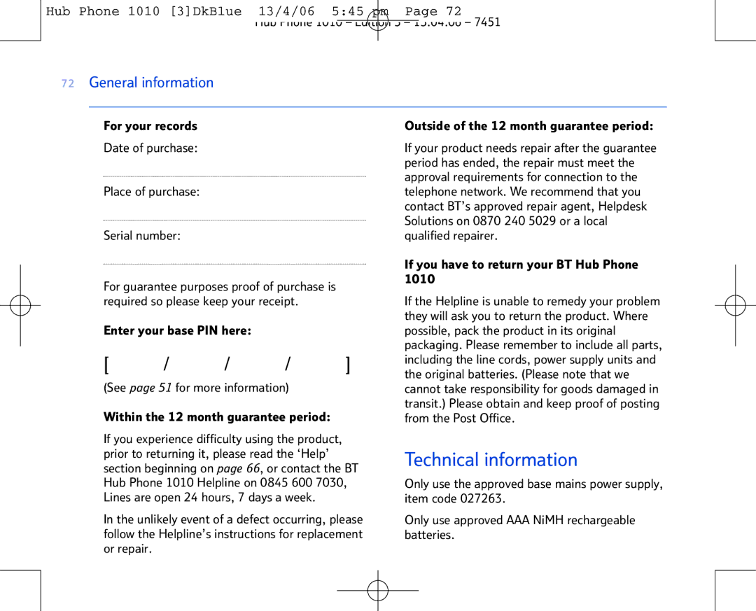 BT Hub Phone 1010 manual Technical information 