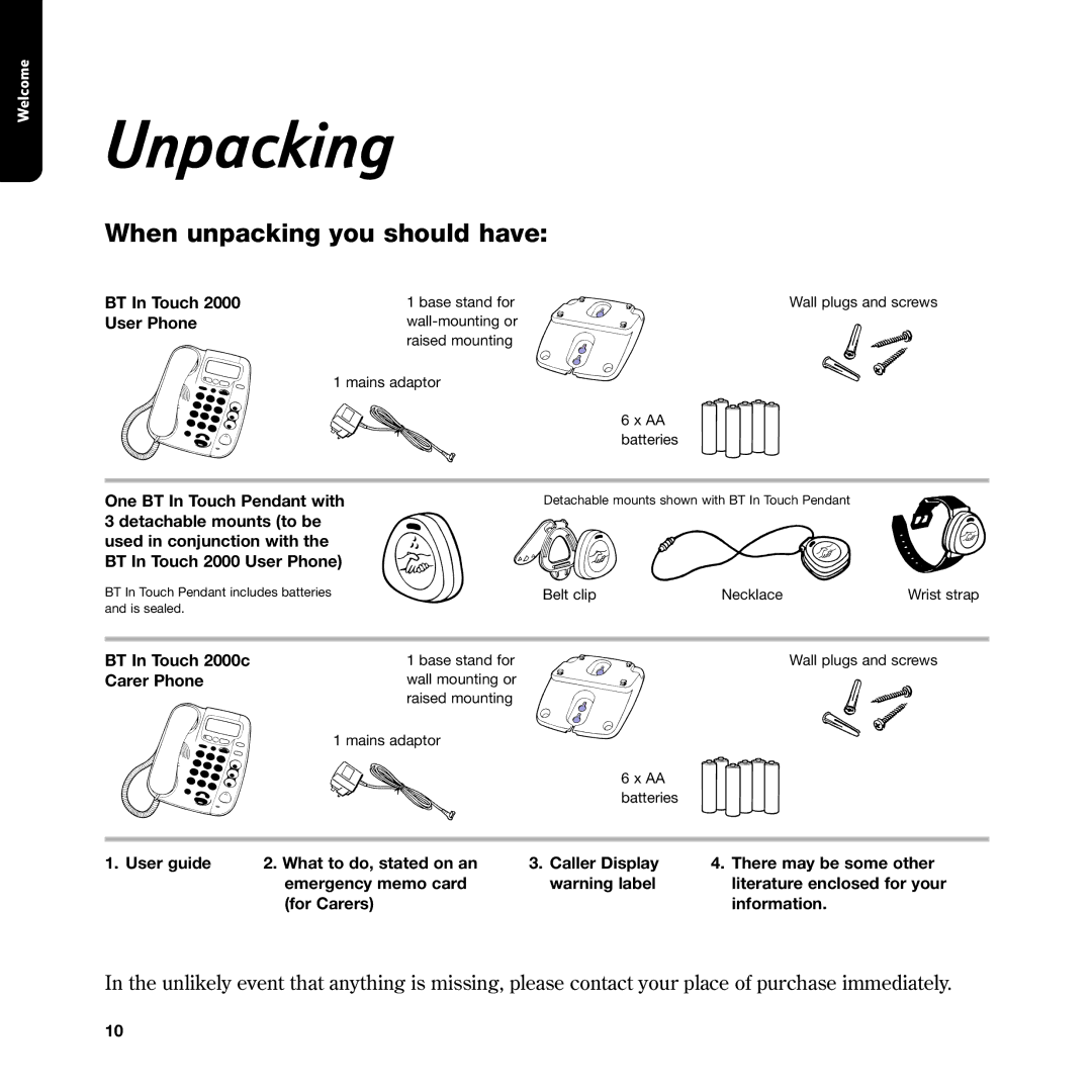 BT In Touch 2000 manual Unpacking, When unpacking you should have 