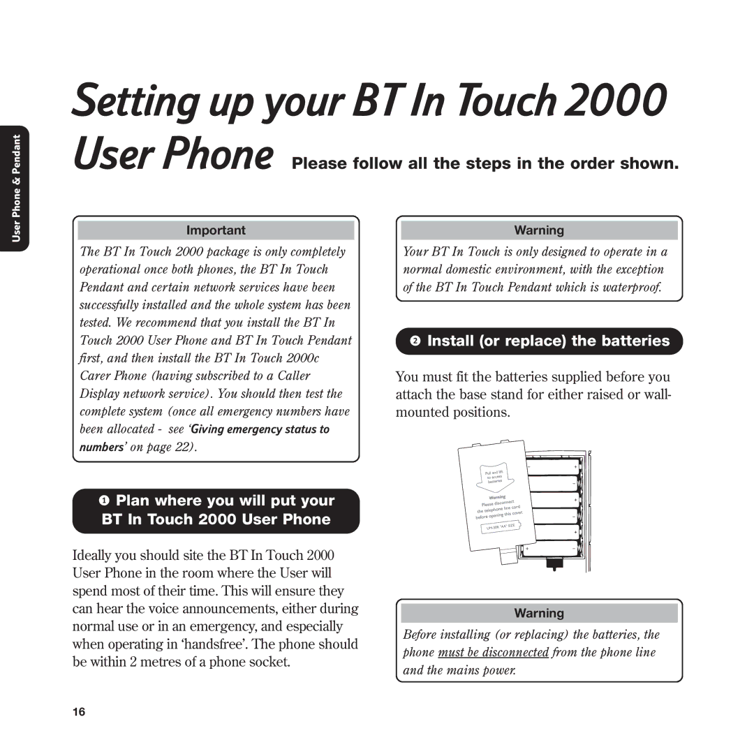 BT manual Setting up your BT In Touch 2000 User Phone, Plan where you will put your BT In Touch 2000 User Phone 