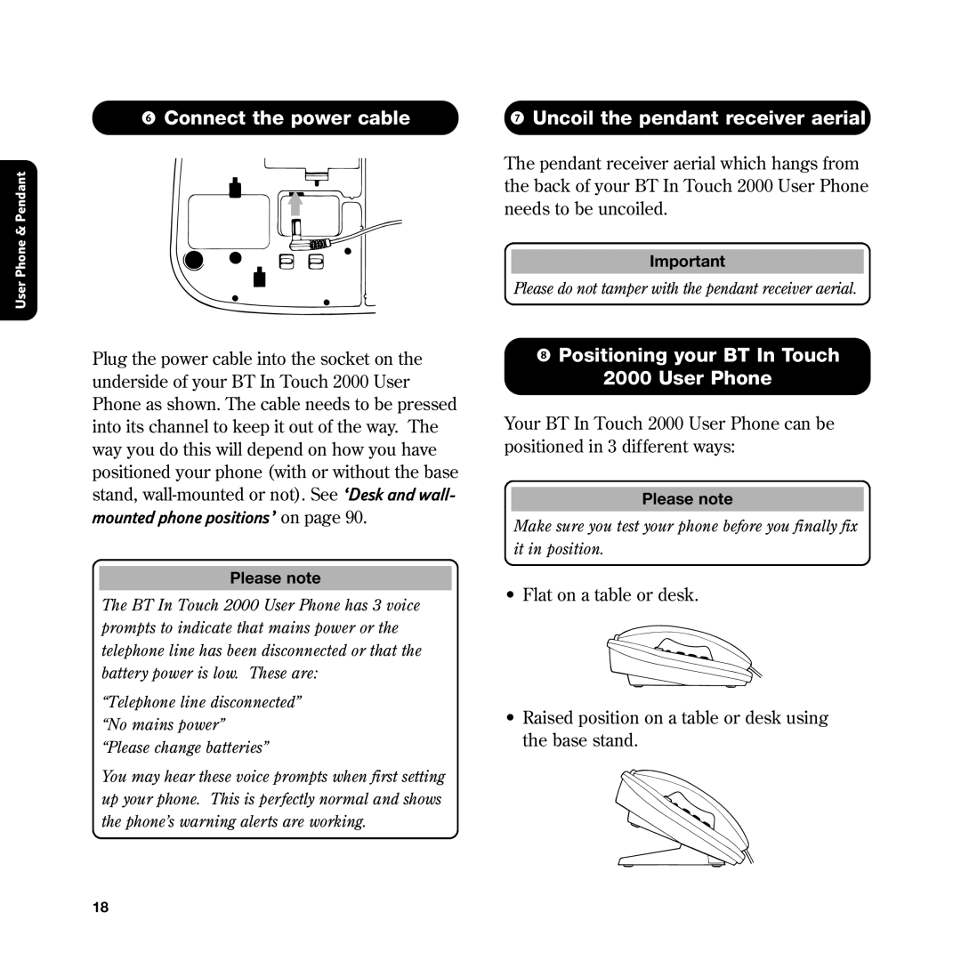 BT In Touch 2000 manual Connect the power cable Uncoil the pendant receiver aerial, Positioning your BT In Touch User Phone 