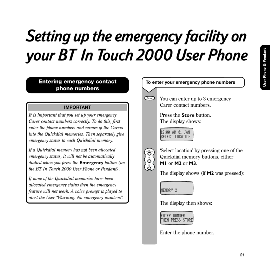 BT In Touch 2000 manual Entering emergency contact Phone numbers 