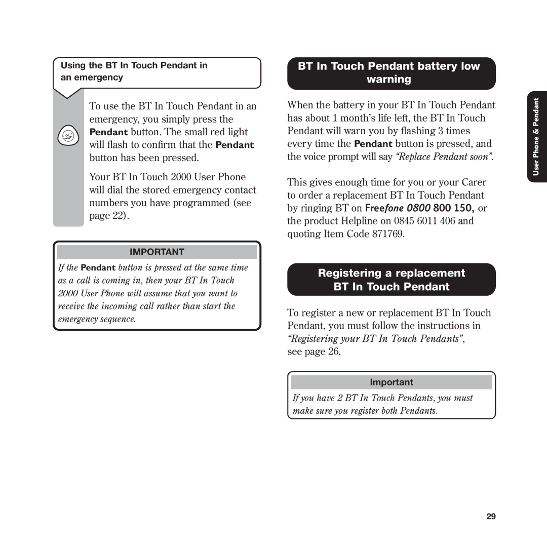 BT In Touch 2000 manual BT In Touch Pendant battery low, Registering a replacement BT In Touch Pendant 