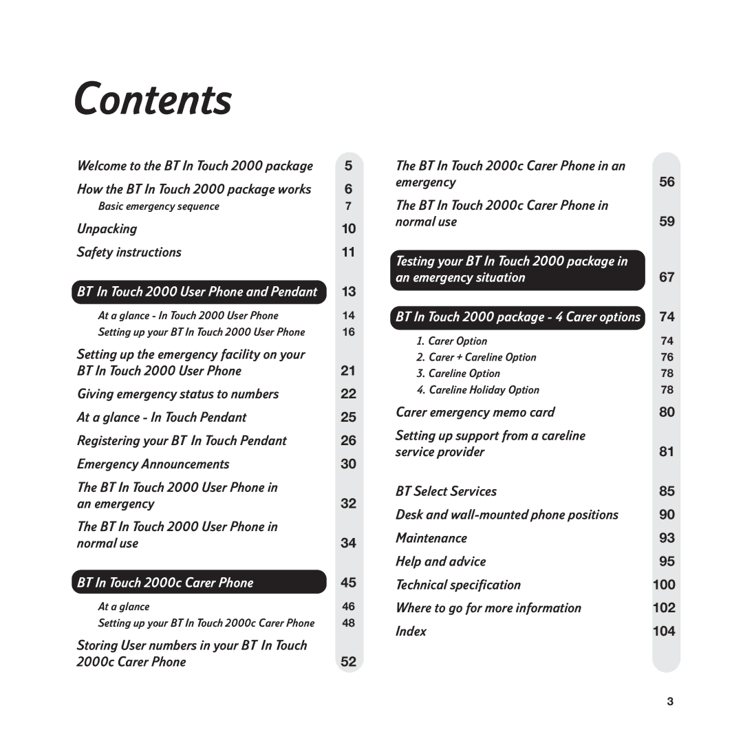 BT In Touch 2000 manual Contents 