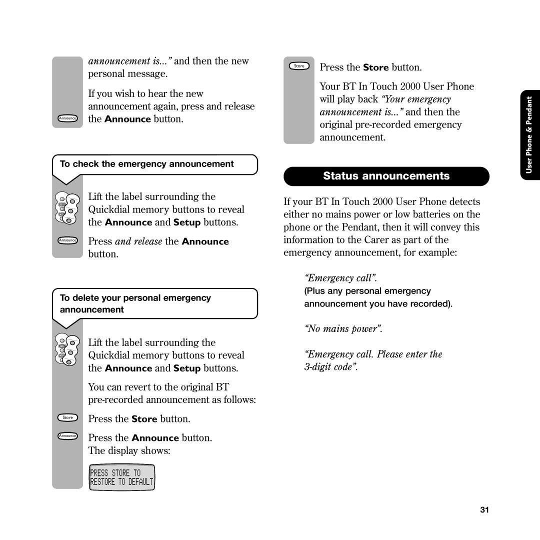 BT In Touch 2000 manual Status announcements, Announcement is... and then the new personal message, Emergency call 