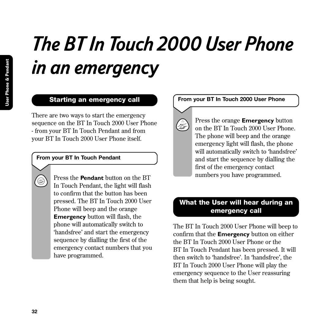 BT manual BT In Touch 2000 User Phone in an emergency, Starting an emergency call 