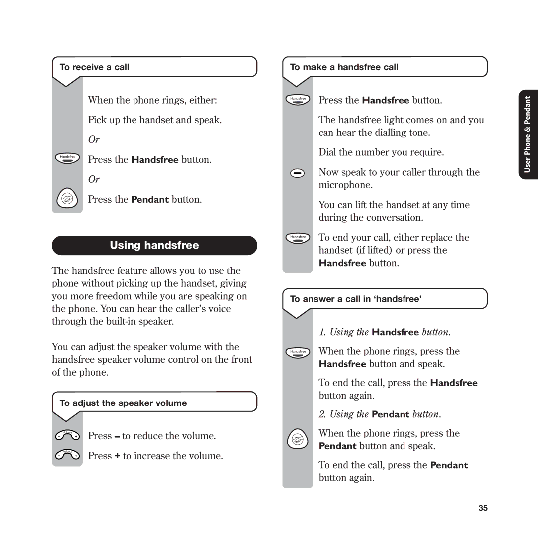 BT In Touch 2000 manual Using handsfree, Using the Handsfree button, Using the Pendant button 