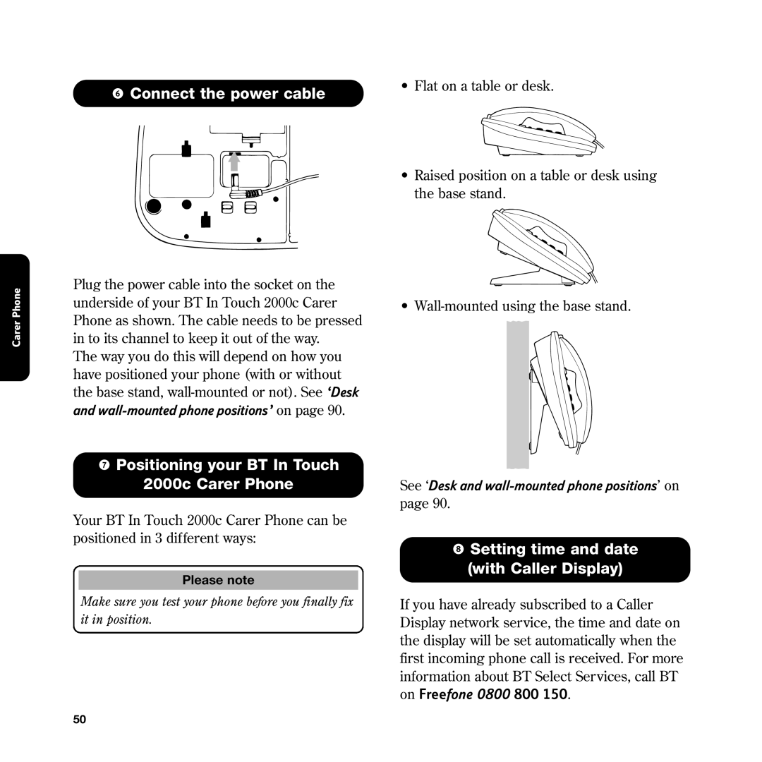 BT manual Connect the power cable, Positioning your BT In Touch 2000c Carer Phone 