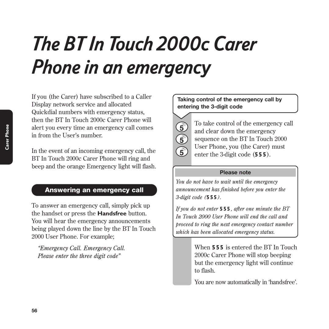 BT manual BT In Touch 2000c Carer Phone in an emergency, Answering an emergency call 