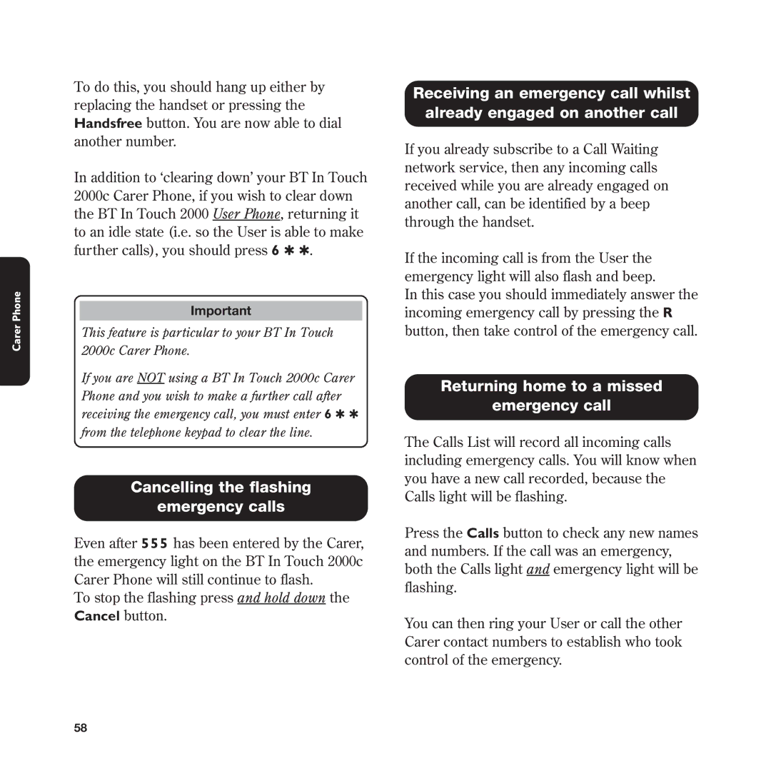 BT In Touch 2000 manual Cancelling the flashing Emergency calls, Returning home to a missed Emergency call 