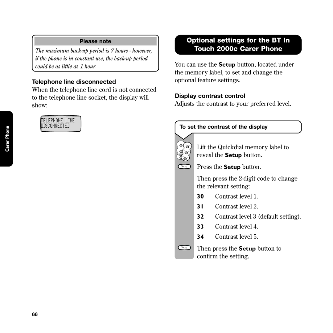 BT In Touch 2000 manual Optional settings for the BT Touch 2000c Carer Phone, Telephone line disconnected 