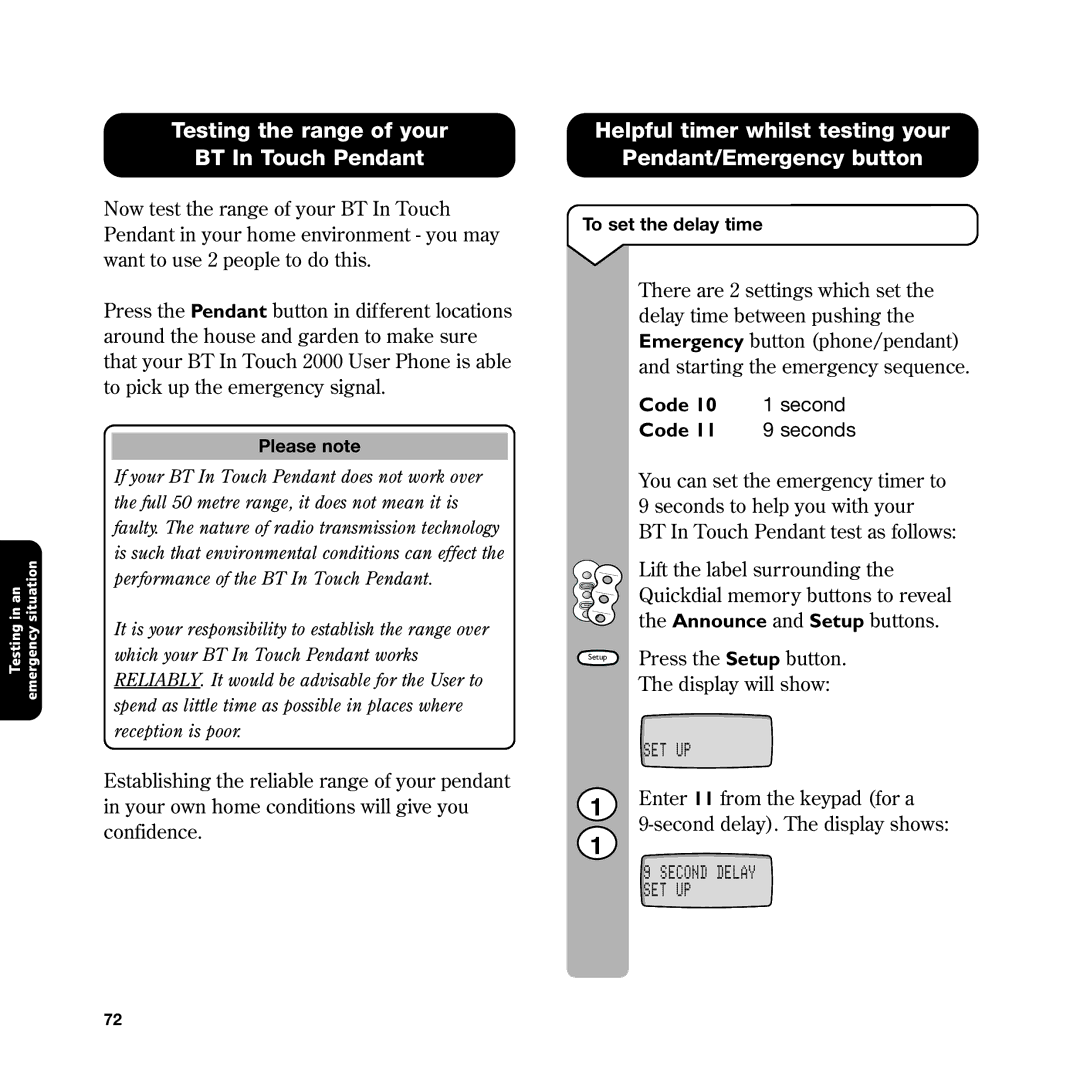 BT In Touch 2000 Testing the range of your BT In Touch Pendant, Helpful timer whilst testing your Pendant/Emergency button 