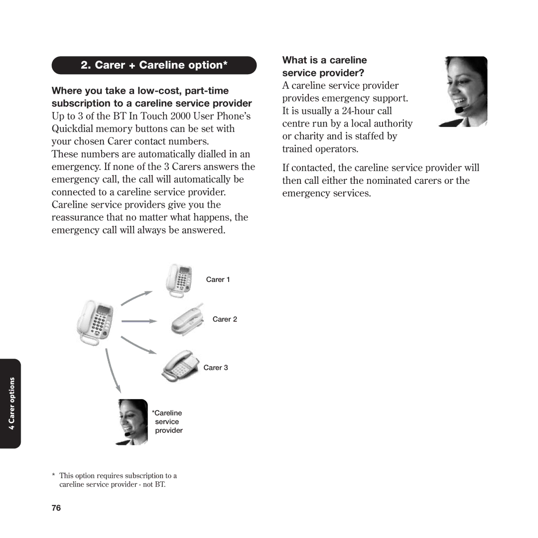BT In Touch 2000 manual Carer + Careline option, What is a careline service provider? 