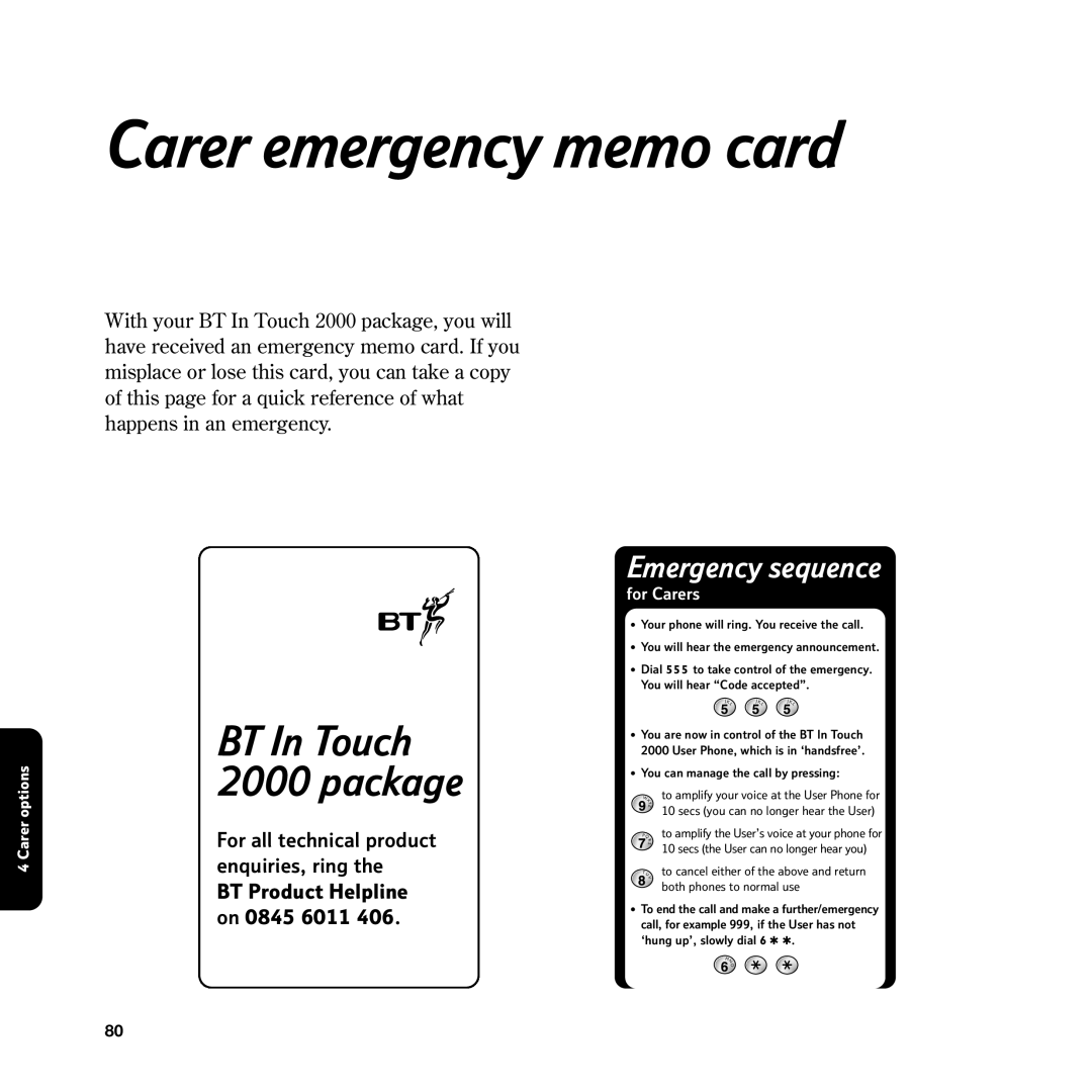 BT manual Carer emergency memo card, BT In Touch 2000 package 