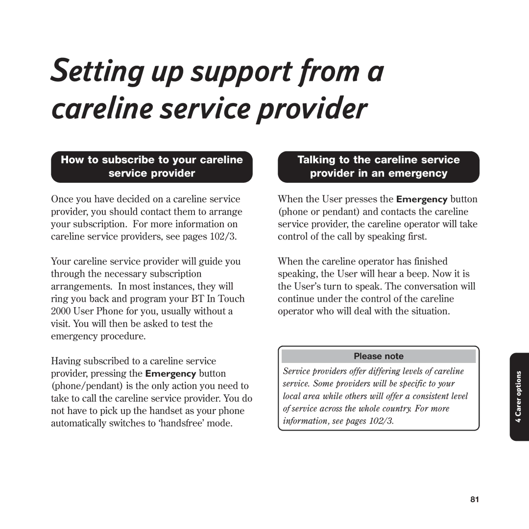 BT In Touch 2000 manual Setting up support from a careline service provider 