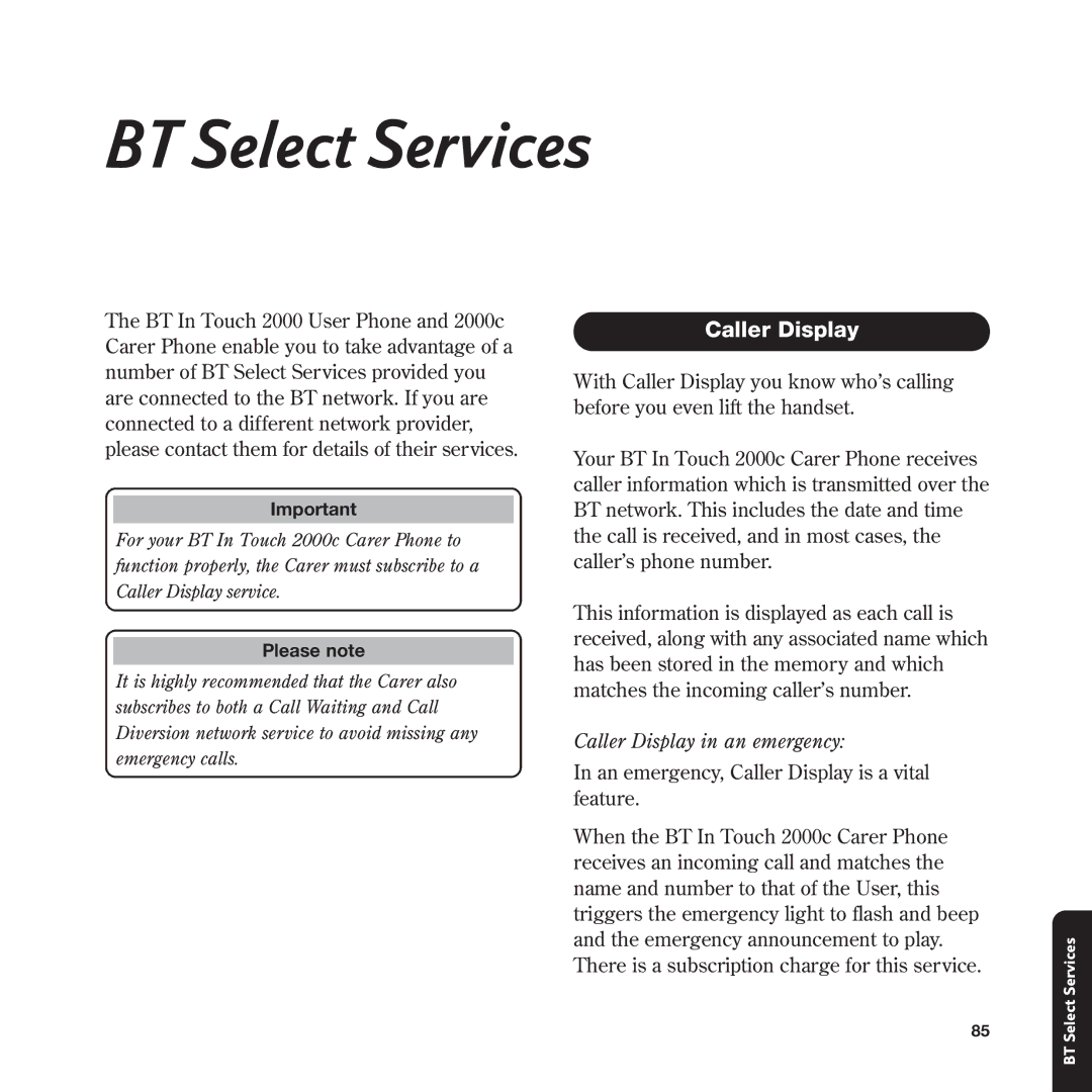 BT In Touch 2000 manual BT Select Services, Caller Display in an emergency 