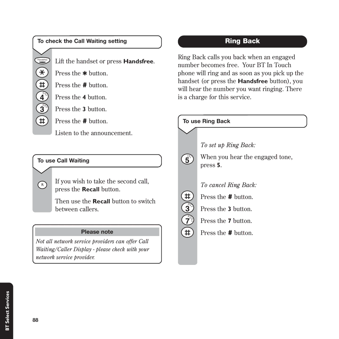 BT In Touch 2000 manual To set up Ring Back, To cancel Ring Back 