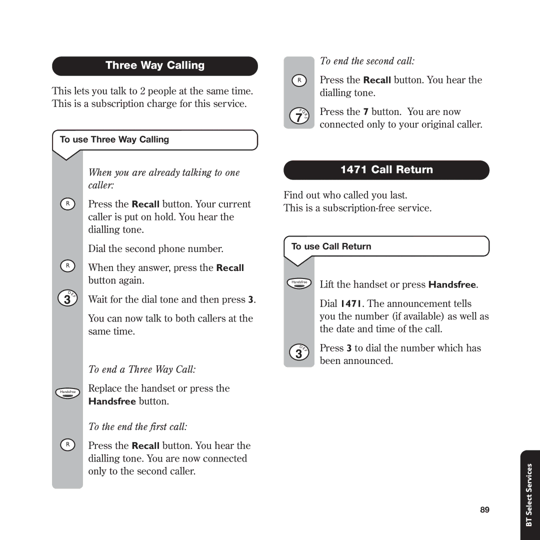 BT In Touch 2000 manual Three Way Calling, Call Return 