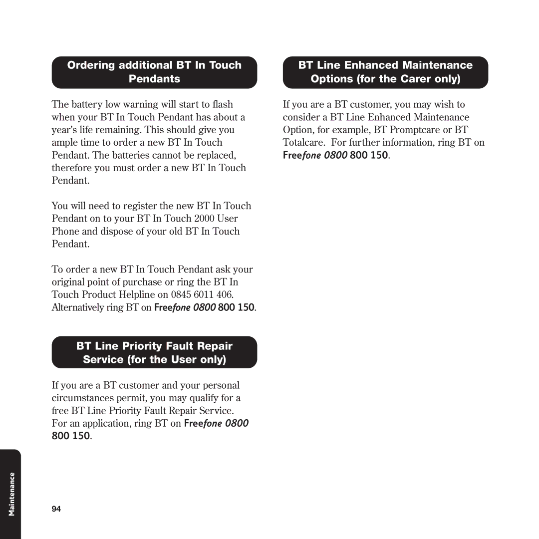 BT In Touch 2000 manual Ordering additional BT In Touch Pendants, BT Line Priority Fault Repair Service for the User only 