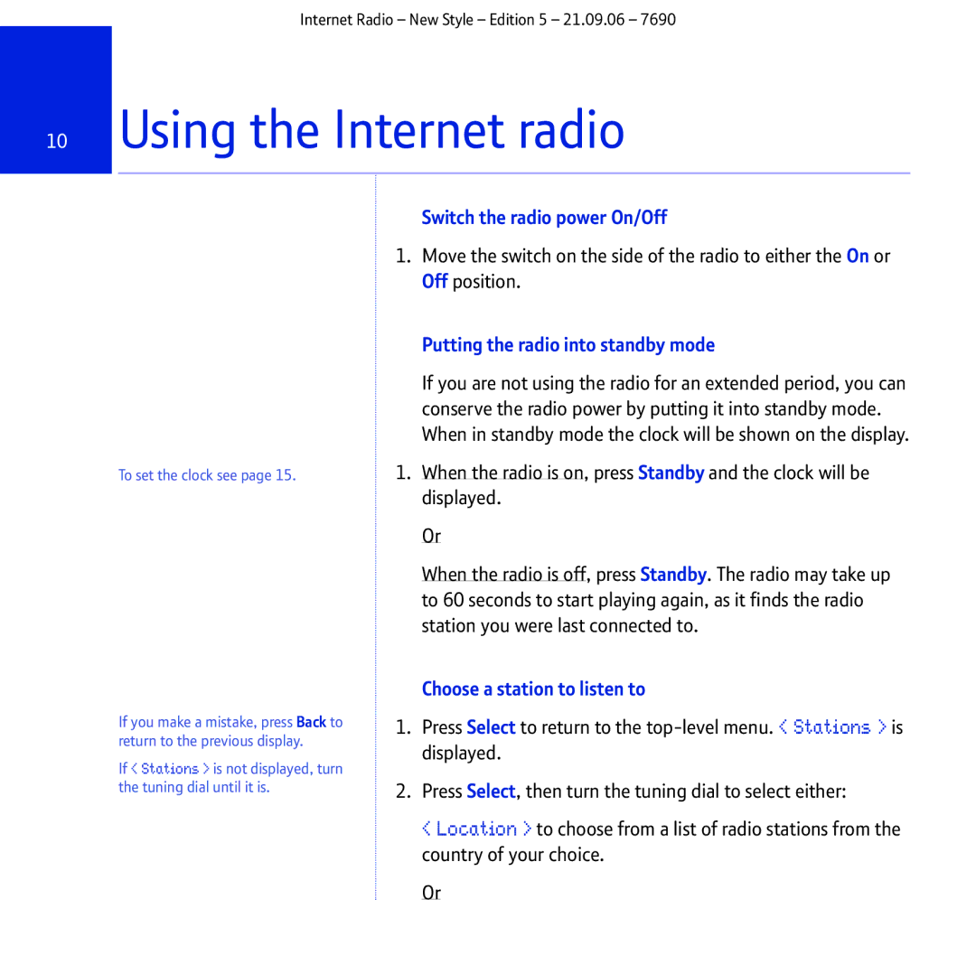 BT Internet Radio manual Using the Internet radio, Switch the radio power On/Off, Putting the radio into standby mode 