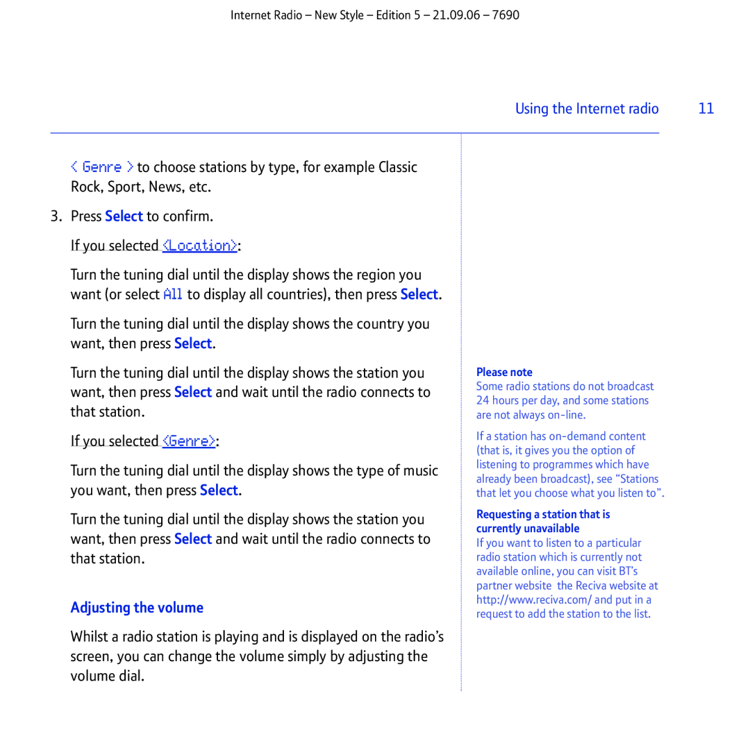 BT Internet Radio manual Genre, Adjusting the volume 